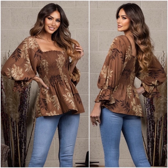 New Stunning Rich Mocha Brown Fern Leaf Print Women’s Beautiful Blouse Top - Picture 2 of 4